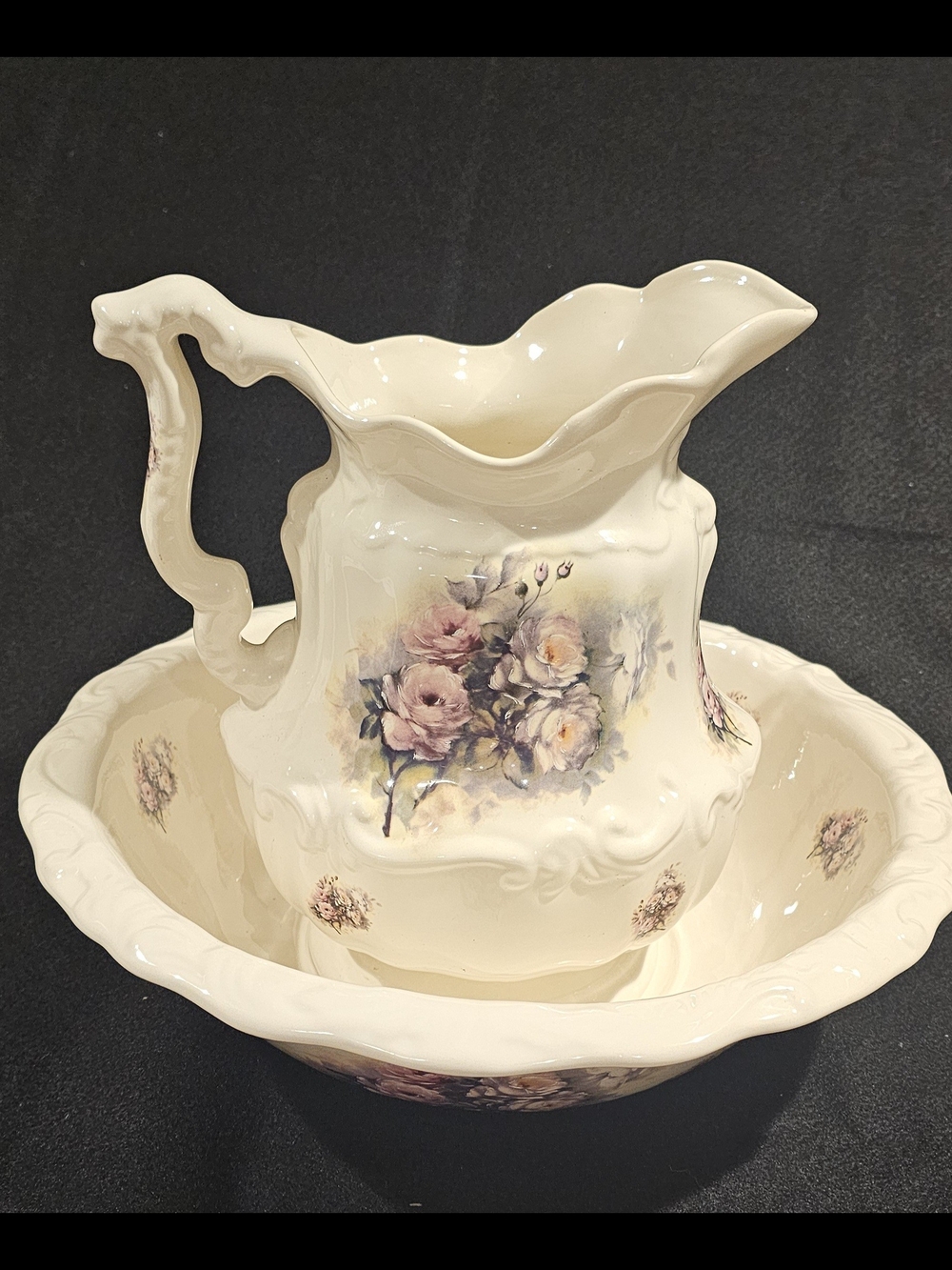 Vintage Athena Pitcher And Wash Basin In Cream Rose Floral Pattern